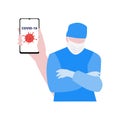 Vector illustration of doctor or nurse in mask with cross hands on chest and hand with smartphone with virus behind him. Medical