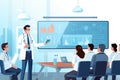 Vector illustration of doctor and people in the conference room. Flat style design, Doctor holding a digital tablet in the meeting Royalty Free Stock Photo