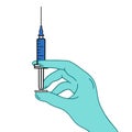 Vector illustration of a doctor`s hand, a nurse holding a syringe with a vaccine. Hand in a blue glove with a syringe. The