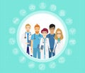 Vector illustration of doctors team. Happy and smile medical workers. Hospital staff in uniform in cartoon flat style. Royalty Free Stock Photo