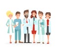 Vector illustration of doctors team. Hospital medical staff team of man and woman doctors nurses surgeon, happy and cute Royalty Free Stock Photo
