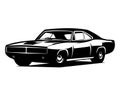 vector illustration of a 1970 dodge charger rt. silhouette design. isolated white background view from side.