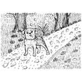 Vector illustration. Dog walking in the Park black and white hand-drawn sketch. Line art Royalty Free Stock Photo