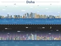 Vector illustration of Doha skyline at day and night