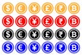 Vector illustration Dollar, euro, yuan or yen, pound sterling, Indian rupee, bitcoin. Cryptocurrency. Casino game.