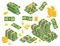 Vector illustration of dollars bundles scattered, stacked with different sides isolated on white background. Dollars