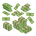 Vector illustration of dollars bundles scattered, stacked with different sides isolated on white background. Dollars