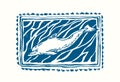 Vector illustration with dolphin in water. Sea animal sketch in linocut style. Funny postal stamp with ocean life Royalty Free Stock Photo