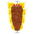 Vector illustration of Doner Kebab on pole, grilling with fat.