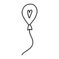 Vector illustration of doodle baloon with heart. Black ink silhouette on white background