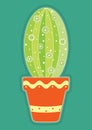 Vector illustration of doodle colored cactus in a ceramic clay pot. Cartoon desert succulent cacti flower at home.