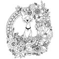 Vector illustration. Doodle drawing Egyptian cat in the floral frame. Coloring book anti stress for adults. Black and
