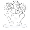 Vector illustration doodle outline. Cute retro watering can with chamomile flowers isolated on white background Royalty Free Stock Photo