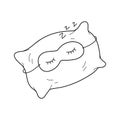 illustration of doodle pillow in a sleep mask in hand drow style. Healthy sleep concept