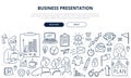 Business presentation concept with cute icons and people.