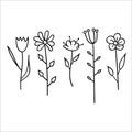 Vector illustration in Doodle style with five flowers. Isolated object on a white background. Royalty Free Stock Photo
