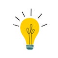 Vector illustration in doodle style of glowing yellow light bulb. Creativity bright ideas inspiration genius concept Royalty Free Stock Photo
