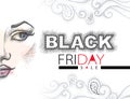 Vector illustration with dotted Black Friday sale text in black and red, swirls and half dotted girl face isolated on white. Royalty Free Stock Photo