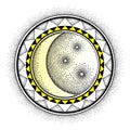 Vector illustration with dotted half moon with star and decorative frame in black and yellow isolated on white background. Royalty Free Stock Photo