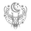 Vector illustration with dotted head deer with antlers, half moon and star in black isolated on white . Astronomy symbols.