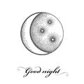 Vector illustration with dotted stylized half moon with star in black isolated on white background. Astronomy symbols in dotwork.