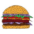 Hamburger icon. Vector illustration of a double cheeseburger, hamburger. Hand drawn burger, cheeseburger, hamburger Royalty Free Stock Photo