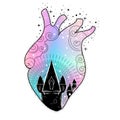 Vector illustration in double exposure style with heart and castle inside. Pastel goth motifs