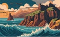 vector illustration a dramatic and rugged coastal cliff scene with crashing waves, towering cliffs, and a stormy sky Royalty Free Stock Photo