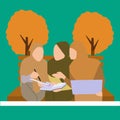 Vector illustration drawing of Group Of Modern Muslim Students Ladies Learning Reading Books Sitting On Bench Outside. Islamic