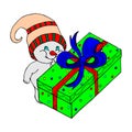 vector illustration drawn from the rct of a kind snowman hiding behind a box with a colorful gift
