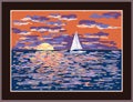 Vector illustration of drawn seascape with sailboat in sunset in picture frame