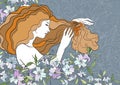 Vector illustration of dreaming beautiful girl with lilies. Stained-glass window style Royalty Free Stock Photo