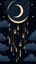 vector illustration of a dreamy night sky with a crescent moon and stars