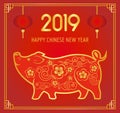 Vector illustration of dreeting card with golden pig. Happy chinese new year 2019 concept. Zodiac sign of pig as a