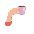 Vector illustration drinking coffee. Tea coffee break mug hands top view in a cafe. Female