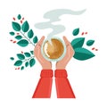 Vector illustration drinking coffee. Tea coffee break, mug, hands top view in a cafe. Female