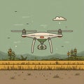 Vector illustration of a drone flying over farmland with mountains in the background Royalty Free Stock Photo