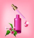 Vector illustration, dropper serum bottle, and a liquid drop on pink background