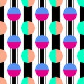 Vector illustration. Dual colored polka dots on thick and thin striped seamless pattern