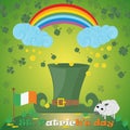 Illustration of a dwarf hat in a clearing on top of a rainbow with clouds and rain of gold coins, on the feast of St. Patricks day