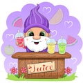 Cute cartoon gnome sells juice.