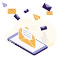 Vector illustration on E-mail marketing campaign, marketing research, letters, envelopes, business correspondence, e-mails, instan