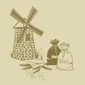 Vector illustration of ears of wheat, sacks of flour and windmill Royalty Free Stock Photo