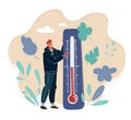 Vector illustration of Earth of Global Warming. Tiny man characters thermometer Royalty Free Stock Photo