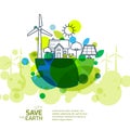 Vector illustration of earth with outline of wind turbine, house, solar battery, bicycle and trees.