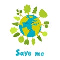 vector illustration of Earth planet with trees around in cartoon hand drawn style. Concept of save the planet, Earth Day Royalty Free Stock Photo