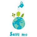 vector illustration of Earth planet with watering can watering trees in cartoon hand drawn style. Concept of save the Royalty Free Stock Photo