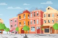 Vector illustration of earthquake in the city, ground crevices. Cartoon colorful houses with cracks and damages. Natural Royalty Free Stock Photo