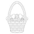 Easter basket with eggs. Vector illustration. Outline on an isolated background. Coloring book for children. Sketch. Holy Easter.