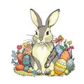 Vector illustration of Easter. Bunny with a basket and eggs. Boho style. Print, Blank for designer, print, logo, label, print on
